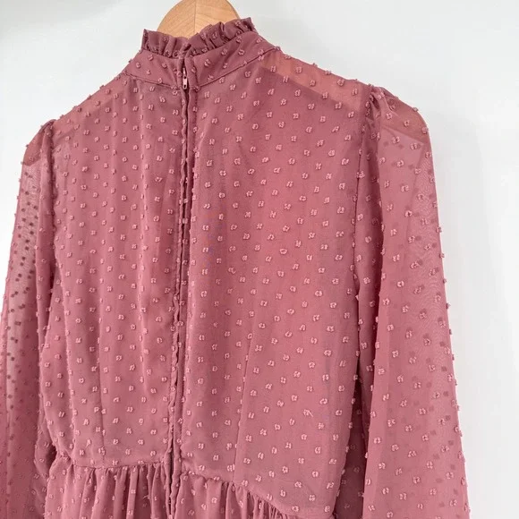 Trixxi Mauve Swiss Dot Tiered Mini Dress High Ruffle Neck Long Sleeve Women's M - Picture 7 of 13